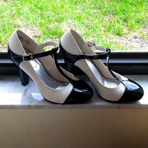 Dexflex Comfort t-strap black and white high heels.